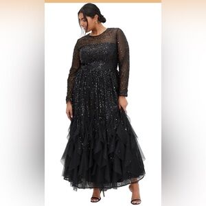 City Chic Elegant Black Sequin Long Sleeve Evening Gown- Size 18